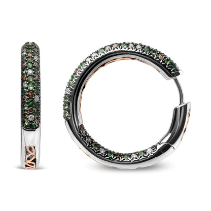 18K White Gold 1.00 Cttw Brown and White Diamond and 1.3mm Round Green Tsavorite Gemstone Inside Outside Hoop Earrings (Brown and G-H Color, SI1-SI2 Clarity)