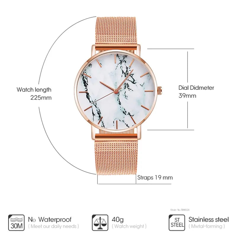 Luxury Rose Gold Mesh Band Marble Women&