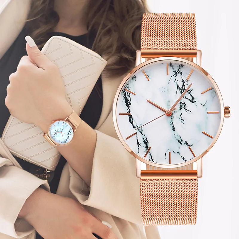 Luxury Rose Gold Mesh Band Marble Women&